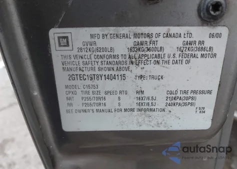 2000 GMC Sierra 1500 Sle from USA, damaged, VIN 2GTEC19T8Y1404115